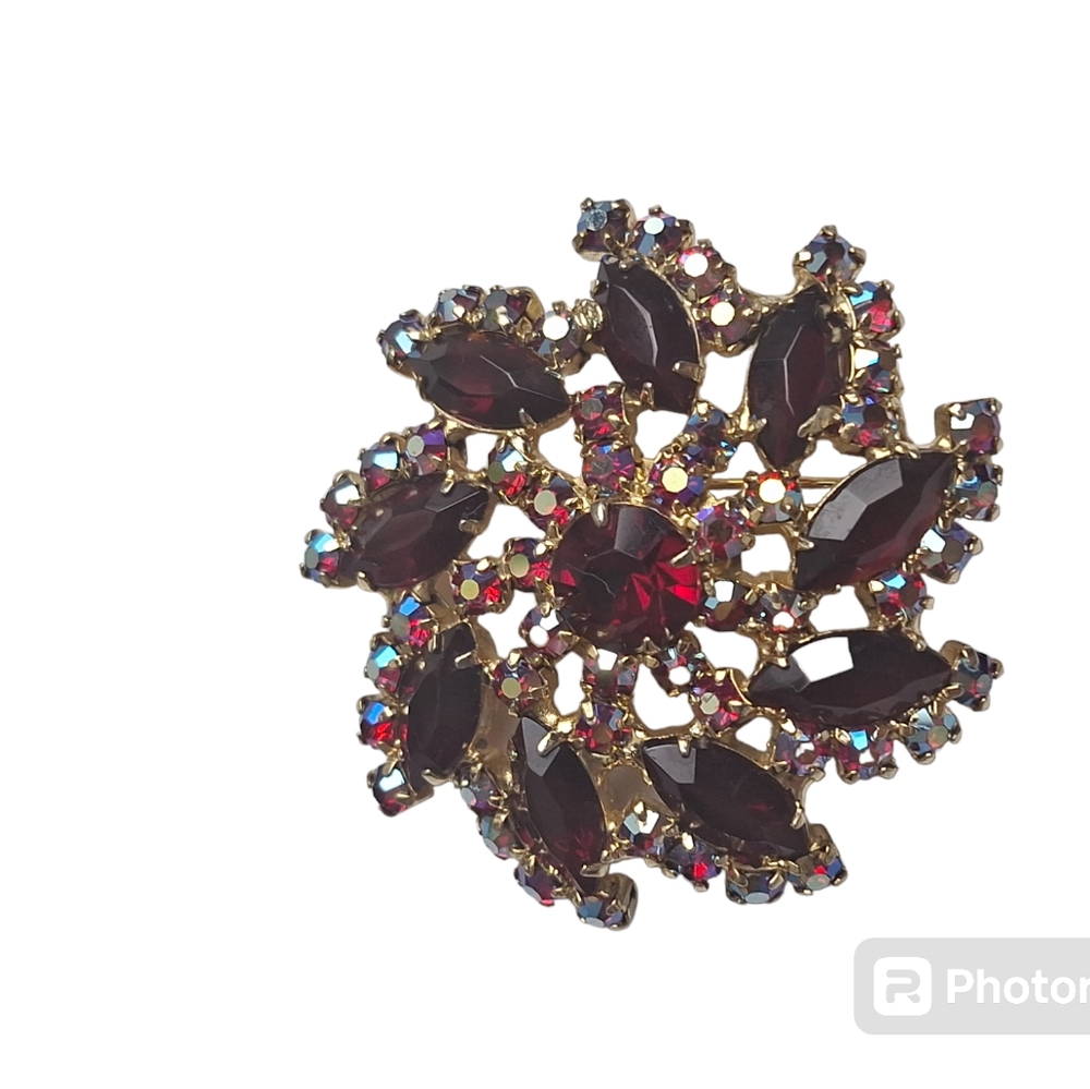Vintage Gold Tone Red & Red AB Rhinestone Spinner Brooch (Glows Yellow) - Picture 6 of 9